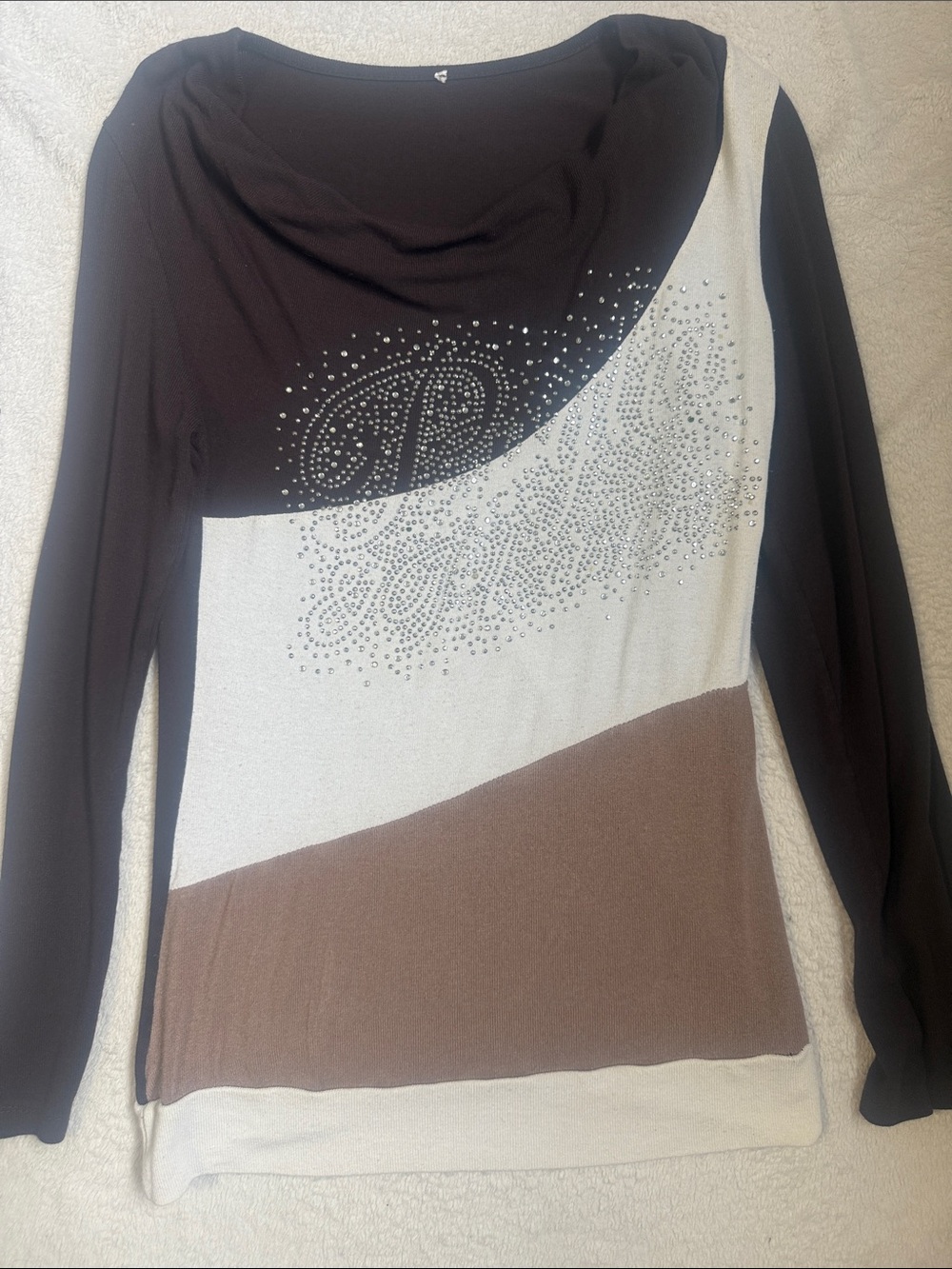 Long-Sleeve Colorblock Rhinestone Women’s Top - Black, White & Brown